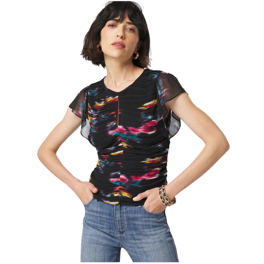 White House Black Market WHBM Black Floral Keyhole Ruch‎ Front Shell Blouse 8
